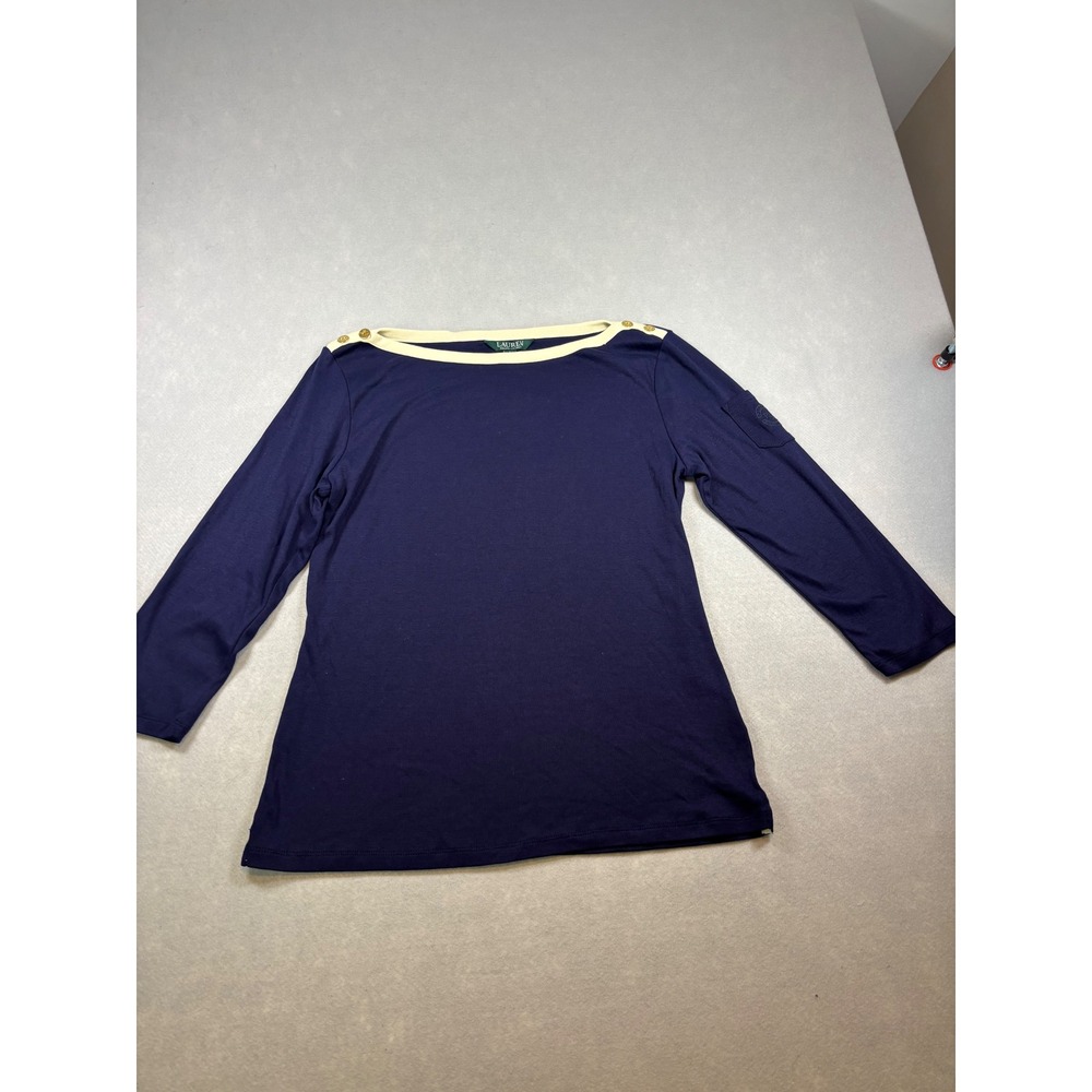 Lauren Ralph Lauren Navy Blue Boat Neck Button Shoulder Top NWT Size L